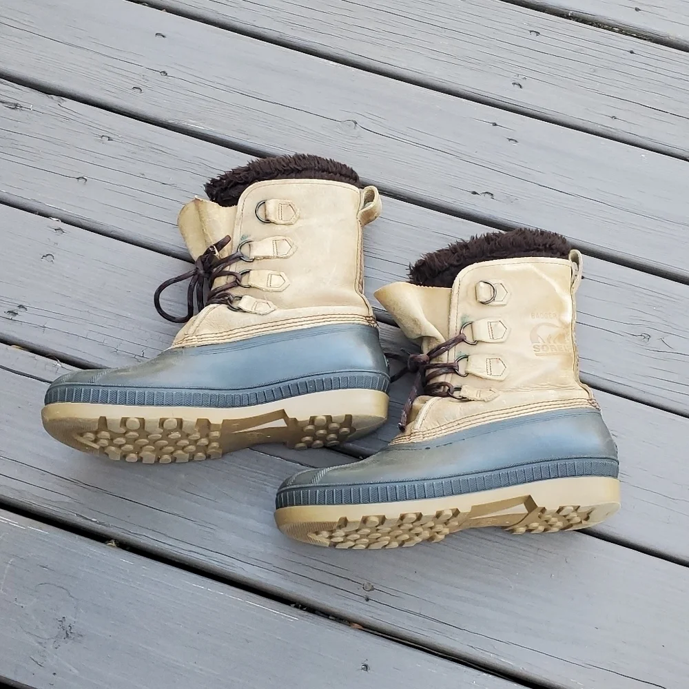 Vintage 90s Sorel Badger Leather Winter Snow Duck Boots Waterproof Wool Liner 10
